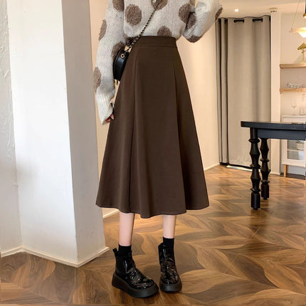 French Twill Brushed Skirt Women's High-Waisted A-Line Mid-Length Skirt Umbrella Skirt Spring Autumn Winter Petite Skirt