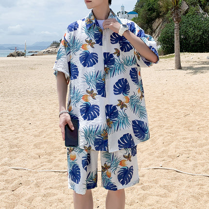 Cross-border 2023 Summer Beach Youth Color Printed Shirt Set Men's Multi-color Loose Shorts Shirt Set