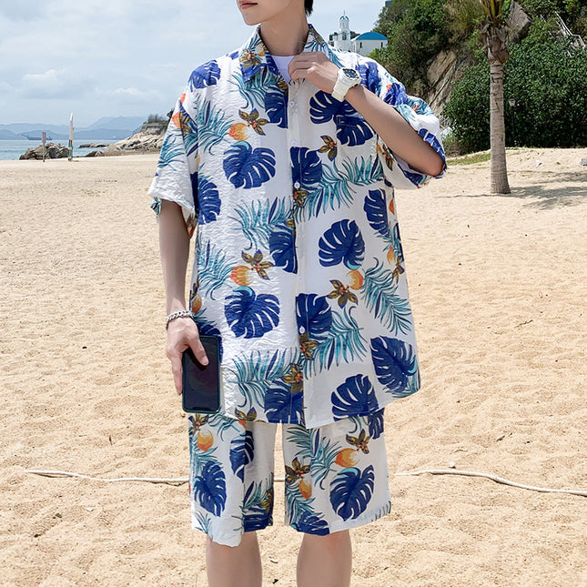 Cross-border 2023 Summer Beach Youth Color Printed Shirt Set Men's Multi-color Loose Shorts Shirt Set