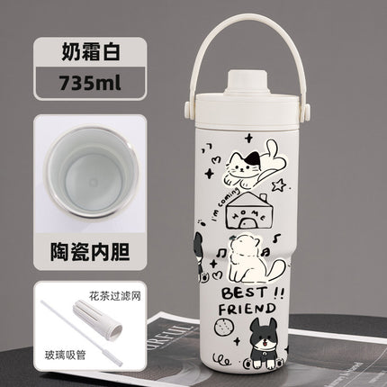 Cross-border high-value 316 stainless steel thermos cup large-capacity double-drink ceramic liner car cup portable handle cup