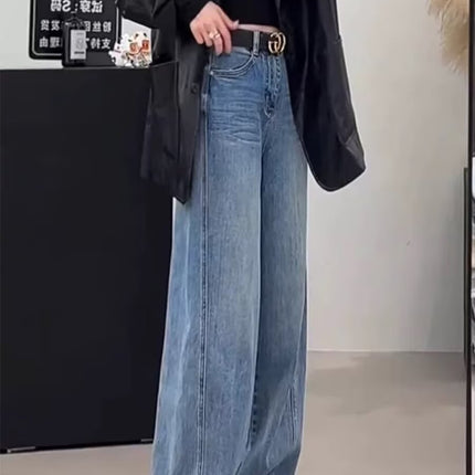 Women's 2025 Autumn New High-Waisted Loose Wide-Leg Jeans, Hip-Covering, Slimming, Versatile Straight-Leg Floor-Length Pants