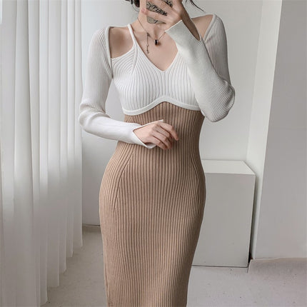 Tweed Style Gentle Milk Tea Color Knitted Dress Cross-Border Women's Autumn and Winter New French Sweater Bottoming Skirt