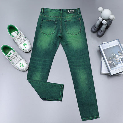 European Station High-end Light Luxury Trendy Brand European Fashion Emerald Green Jeans Men's Slim-fit Mid-waist Small Straight Long Pants