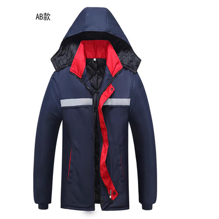 Logo Printed Winter Work Cotton Jacket, Warm Mid-Length Cotton Coat, Mechanic/Auto Repair Cotton Jacket, Cold Storage Clothing, Thickened for Cold Protection