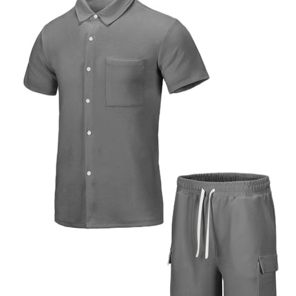 Cross-border new suit cardigan advanced texture vacation shirt drawstring elastic waist shorts plain light cooked two-piece set
