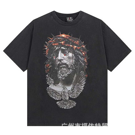 Saint Michael Cho Big Face European and American Retro Washed and Distressed Commemorative Portrait Short-Sleeved T-Shirt Trendy