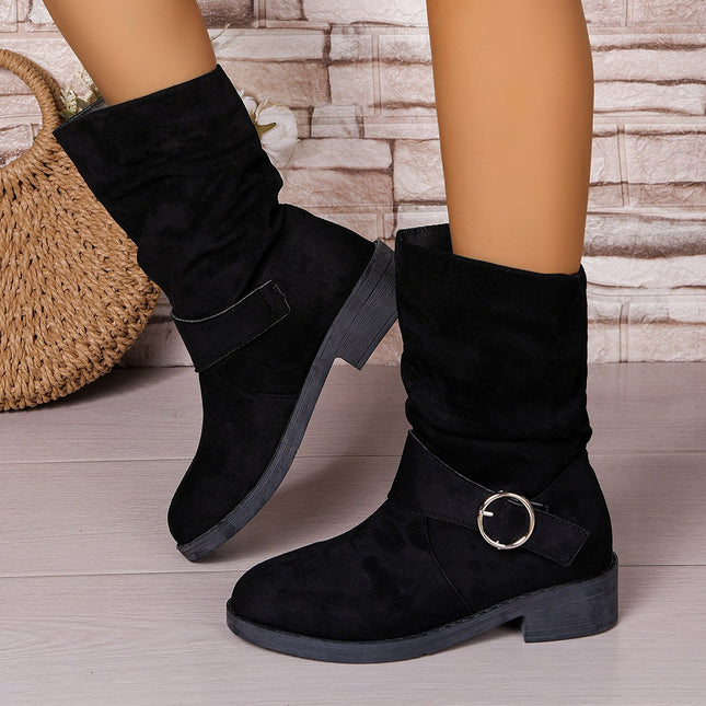 2025 Export Large Size Pleated Pile Boots for Women Autumn and Winter New Suede Western Cowboy Boots Thick Heel Short Boots in Stock