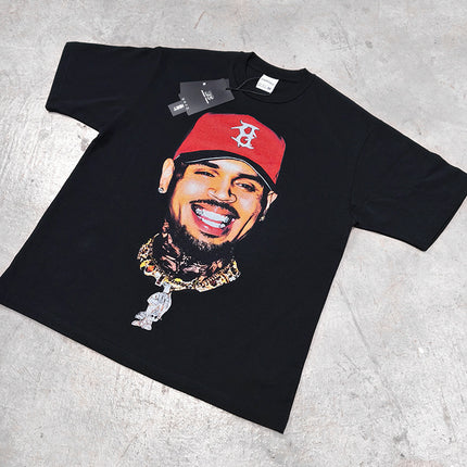 Cross-Border American Retro Chris Brown Chris Brown Printed Short-Sleeve T-Shirt Heavy Trendy Brand Versatile High Street