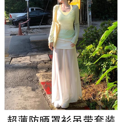 Mint Green Blouse Tulle Sling Top Two-piece Suit Summer Mesh Long-sleeved Women's Spring Dopamine Wear