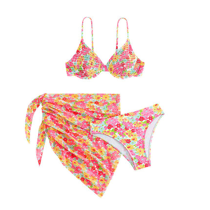 Floral Fresh Color Printed Pleated Bikini Steel Brackets Small Chest Gathering Hot Spring Seaside Holiday Swimsuit Women