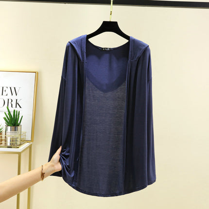 Modal Hooded Cardigan Women's Summer 2025 Thin Long-sleeved Air-conditioning Shirt Loose Sun-protective Clothing Solid Color Top Jacket