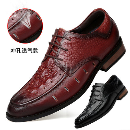Men's Hollow-out Leather Shoes Spring and Summer Low-top Leather Embossed Crocodile Pattern Craft Face Casual Shoes Wooden Base Single Men's Shoes