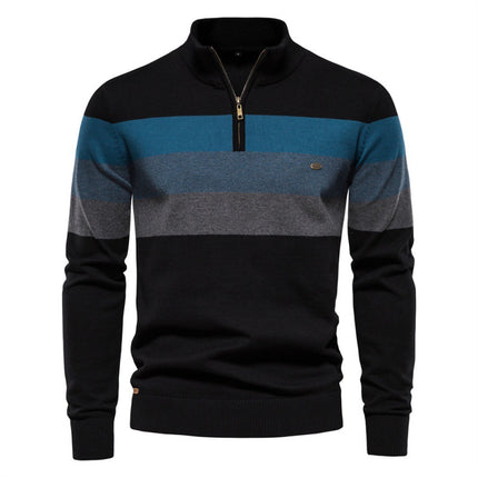 Fashionable Cross-Border Autumn and Winter Men's Half-Zip Sweater, Striped Patchwork Knitwear in Khaki Green