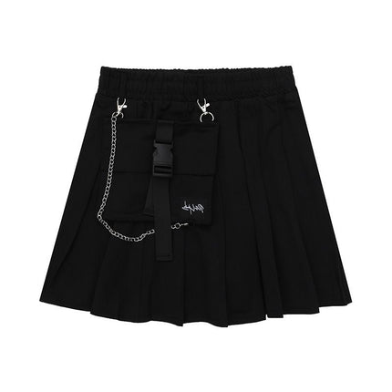 Harajuku Style Large Pocket Retro Workwear High-Waisted Pleated Skirt Half Skirt Short Skirt for Female Students A-Line