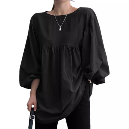 Autumn 2022 New Large Size Women's Cotton and Linen Round Neck Long Sleeve Top Fashion Casual Solid Color Cotton and Linen Shirt for Women