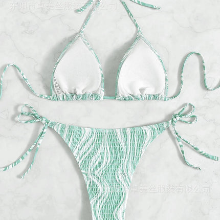 2023 European and American Foreign Trade Sexy Triangle Bag Cable Printing Tether Beach Bikini Swimsuit Mi Sound Explosions