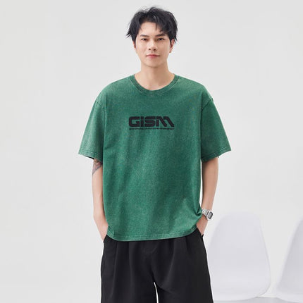 2025 Summer Heavy Letter Printed Short-Sleeved T-Shirt Men's Trendy Brand Ins Loose Casual Pure Cotton Round Neck Half-Sleeved T-Shirt