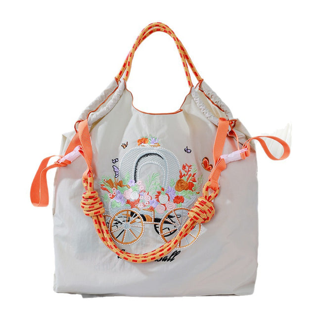 Cross-Border New Embroidered Shoulder Bag Large Capacity Bag Women's Environmentally Friendly Shopping Bag Embroidered Crossbody Bag Nylon Tote Bag
