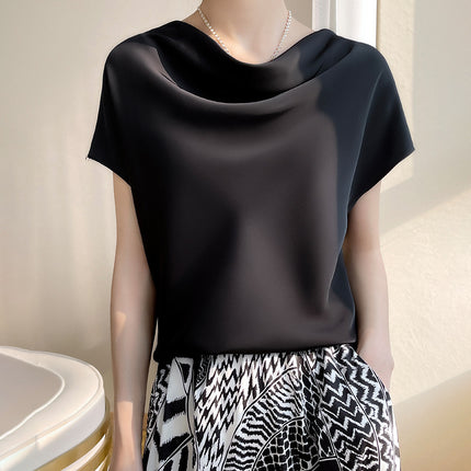 Silk Satin 2025 Spring and Summer New Short Women's French Collar Elegant T-Shirt Simple Short-Sleeved Large Size Top
