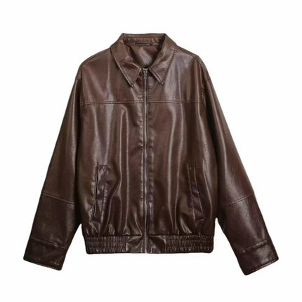 2025 Autumn New Style American-Style Faux Leather Bomber Jacket for Women, Oversized Loose Pu Leather Zip-Up Jacket Trendy