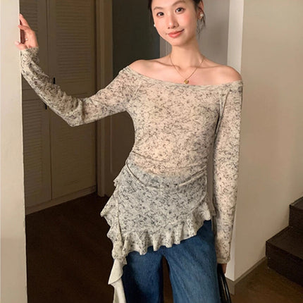 Smudged One-Line Collar Long-Sleeved Lace Asymmetrical T-Shirt for Women Early Autumn New High-End Elegant Slim Long-Sleeved Shirt