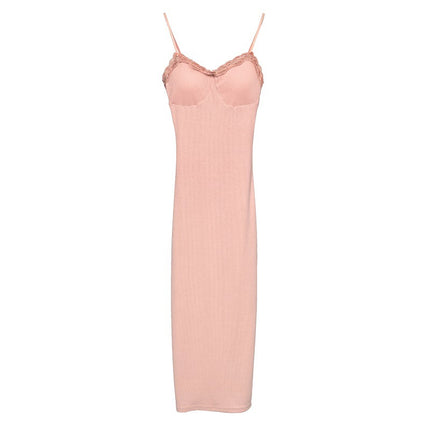 South Korea Dongdaemun Tight Sexy Padded Chest Backless Figure Low-cut Lace Long Split Sling Dress for Women