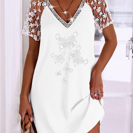 in stock 2025 new European and American Amazon AliExpress wish fashion three-dimensional lace raglan sleeve hot drilling dress