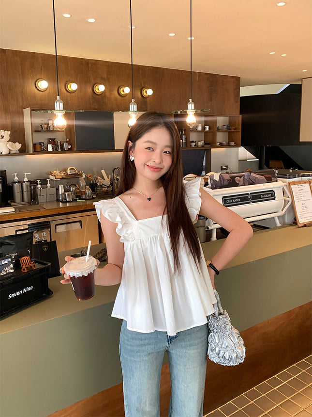 Huang Lian Sweet Feifei Sleeve Ruffled Camisole Women's 2025 Summer Back Bow Doll Shirt 142Sh313