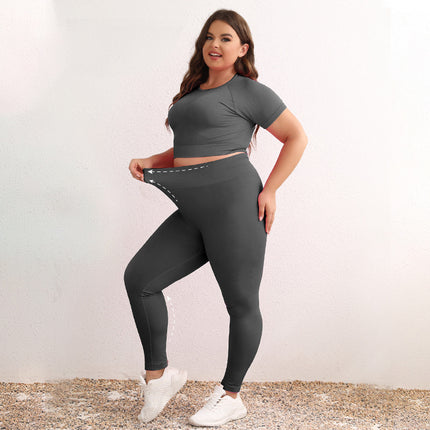 Amazon Sports New Solid Color Sports Yoga suit Summer Pink Yoga Clothes suit Short-Sleeved Tight Two-Piece Set