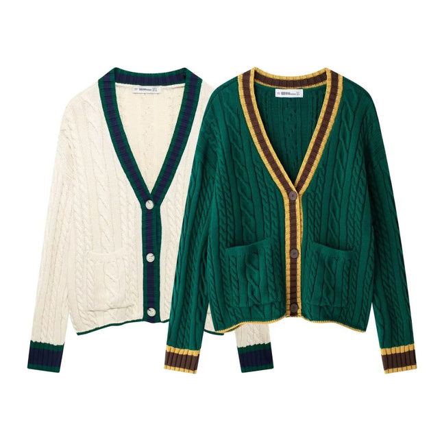 Cross-border European and American Women's AliExpress Explosions Simple All-match V-neck Single-breasted Cable Rope Pattern Knitted Sweater Cardigan