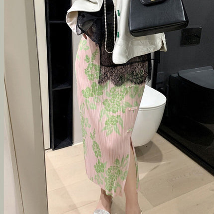 New Chinese-style Miyake Ruffled and Pressed Elastic Waist Stretch Vent Printed Buckle Mid-length Pencil Skirt Women's Skirt