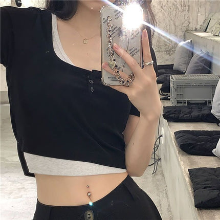 92 Rayon 8 Spandex Summer New Sexy Fake Two-Piece Short-Sleeved T-Shirt Women's Niche Slim Bm Short Crop Top