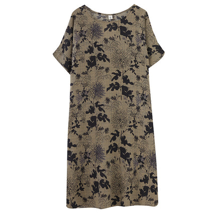 2023 New Style Elegant and High-End Short-Sleeve Loose Cotton-Linen Simple Long Floral Dress Mid-Length Artistic Retro