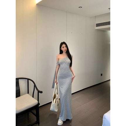 Irregular Grey Wave Dot Inclined Shoulder dress Women's Summer Pure Desire Waist Fishtail Skirt Figure Hip Dress
