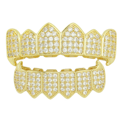 Cross-border 18K electroplated real gold micro-inlaid 4A zircon two-color hip-hop braces for men and women vampire fangs dentures suit