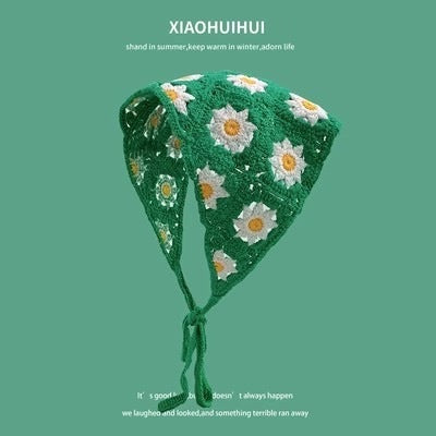 Hot Girl Internet Celebrant Photo Flower French Style Triangle Scarf Headscarf Women's Cute Knitted Hair Band Silk Scarf High-grade Headwear Summer