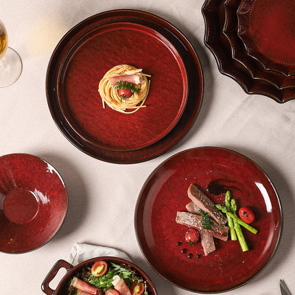Personalized wine red ceramic restaurant hotel tableware embossed exquisite fruit pastry tray tea tray household dish salad bowl