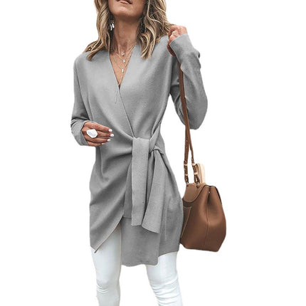 European and American style autumn and winter long sleeve lace-up slim slim size coat women's irregular cardigan top wholesale