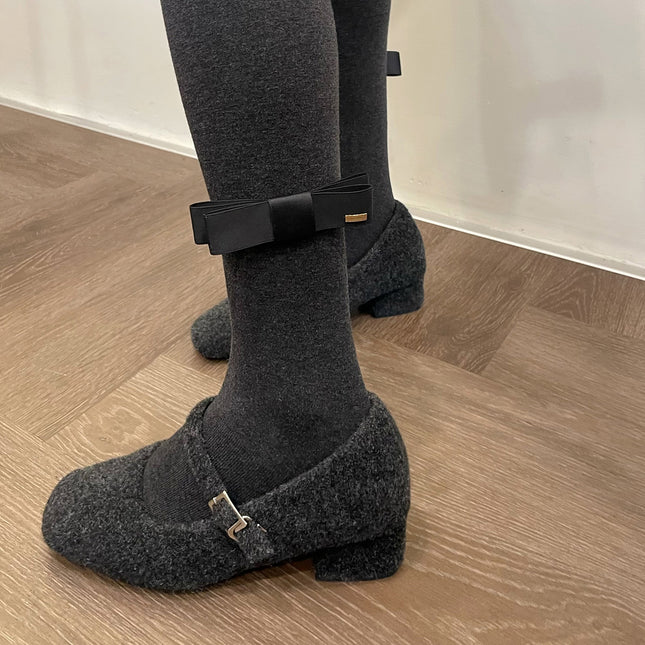 South Korea Dongdaemun One Word Bow Pantyhose Smoke Gray fleece-lined Warm Slimming Micro Pressure Base Socks Autumn and Winter Women