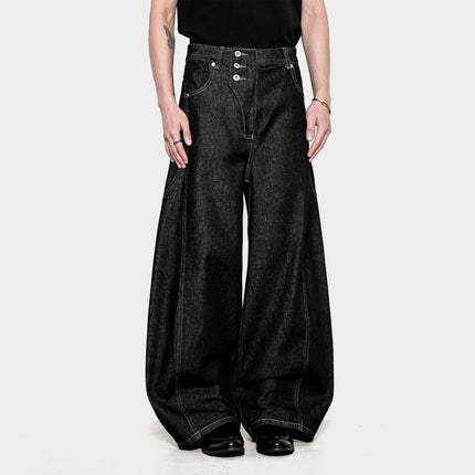 American Retro Loose Distressed Washed Black Wide-Leg Scimitar Pants Unisex Versatile Floor-Length Straight Denim Trousers Trendy