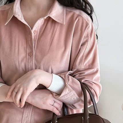 Lushi Japanese-Style Minimalist Thickened Brushed Corduroy Shirt for Women 2025 Autumn Inner Layering Base Shirt 3378