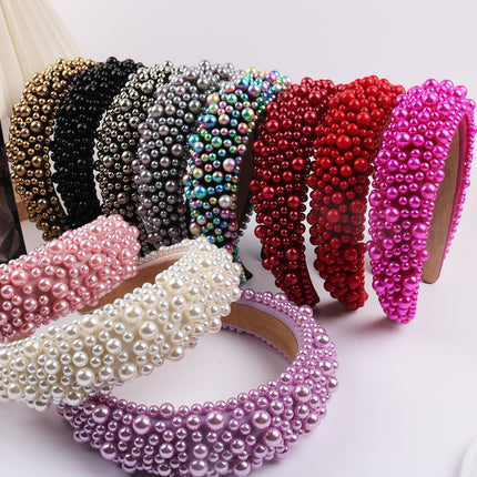 European and American luxury pearl sponge hairband hairpin female heavy industry exaggerated wide side pressure hair high cranial top net red head band wholesale