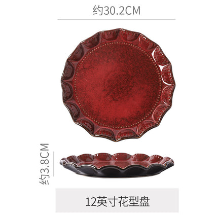 Personalized wine red ceramic restaurant hotel tableware embossed exquisite fruit pastry tray tea tray household dish salad bowl