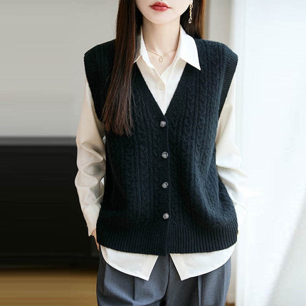 French Retro Twist Knitted Vest Cardigan for Women 2025 New Pure Wool Knitted Cable Loose Layered Jacket