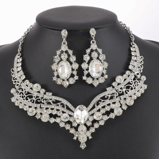 European and American Export Jewelry Bridal Jewelry Accessories Necklace Earrings Set Live Performance Crystal V-Shaped Clavicle Chain for Women