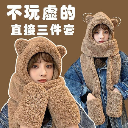 Autumn and Winter Ready-Made Bear Hat Scarf Integrated Gloves Plush Double-Layer Thickeneded Multi-Functional Ear Protection Outdoor Warm Hat