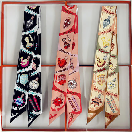 Summer New Decorative Ice Cream Women's Versatile Decorative Twill Silk Ribbon Wrapped Around the Bag Silk Scarf Small Scarf
