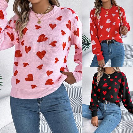 Clearance Sale Real Shot 2025 Autumn/Winter Casual Color-Block Heart Lantern Sleeve Pullover Sweater Amazon Cross-Border Valentine's Day