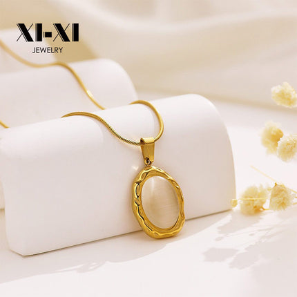 European and American INS style clavicle chain light luxury versatile sweater chain retro oval opal pendant titanium steel necklace