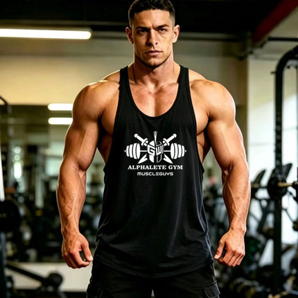 Summer Men's Vest Thin Strap Sports European and American Bodybuilding Fitness T-shirt Printed logo Waistle I-Shoulder Loose Men